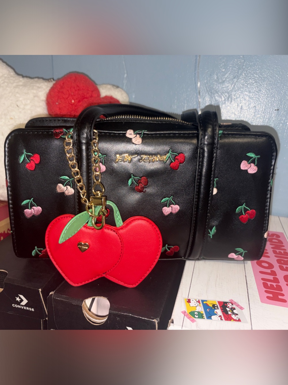 Betsey Johnson Black Cherry-Embroidered Shoulder Bag with Red Heart Charm